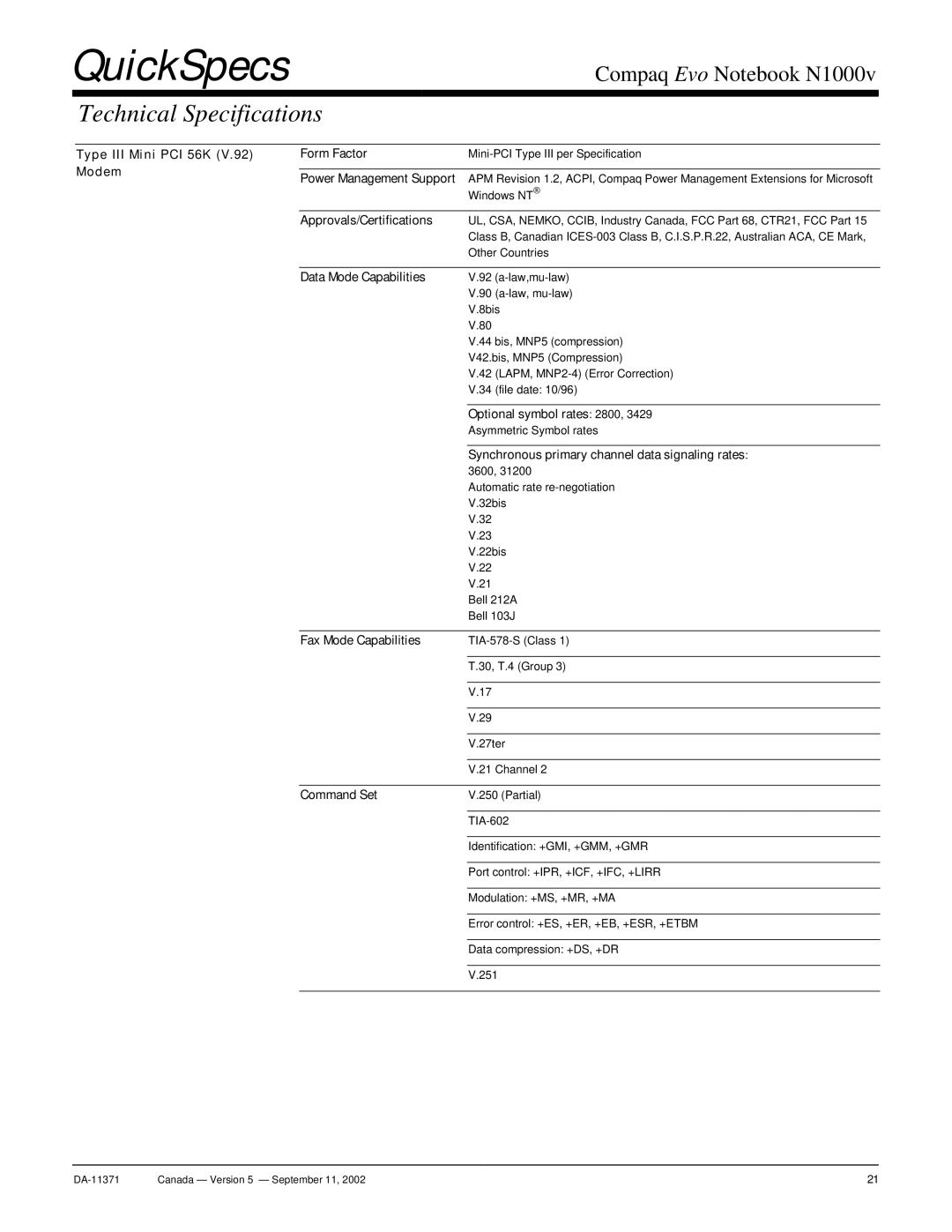 Compaq N1000v Type III Mini PCI 56K Form Factor, Modem Power Management Support, Approvals/Certifications, Command Set 