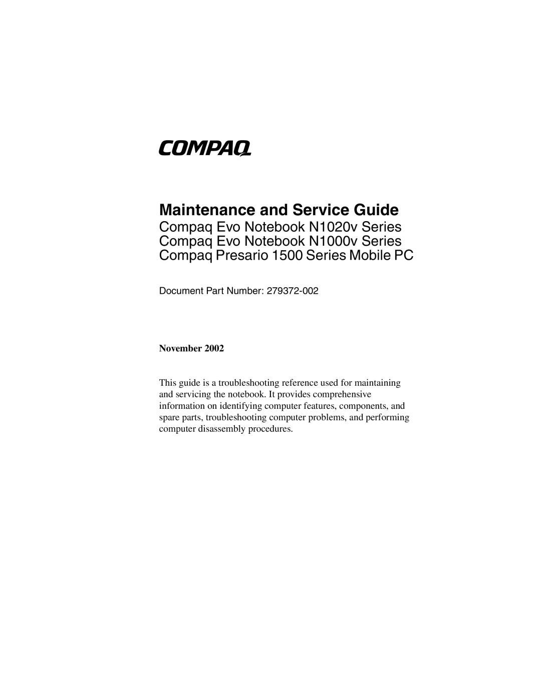 Compaq 1500, N1020V manual Maintenance and Service Guide 