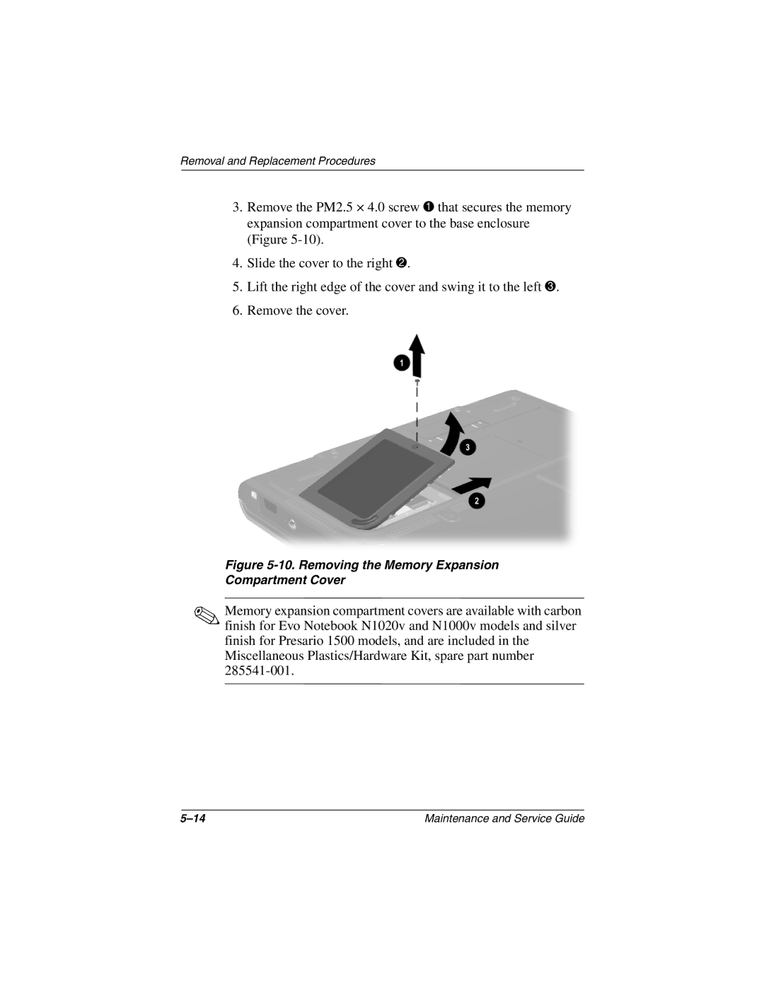 Compaq N1020V, 1500 manual Removing the Memory Expansion Compartment Cover 