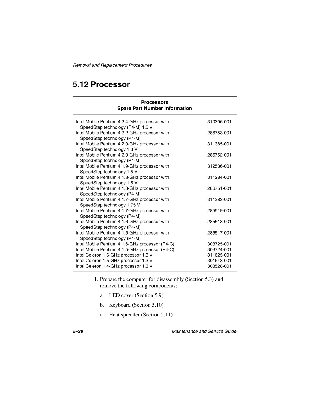 Compaq N1020V, 1500 manual Processors Spare Part Number Information 