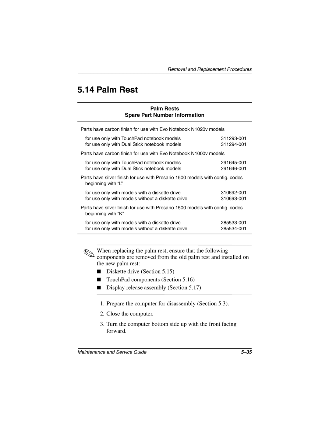 Compaq 1500, N1020V manual Palm Rests Spare Part Number Information 