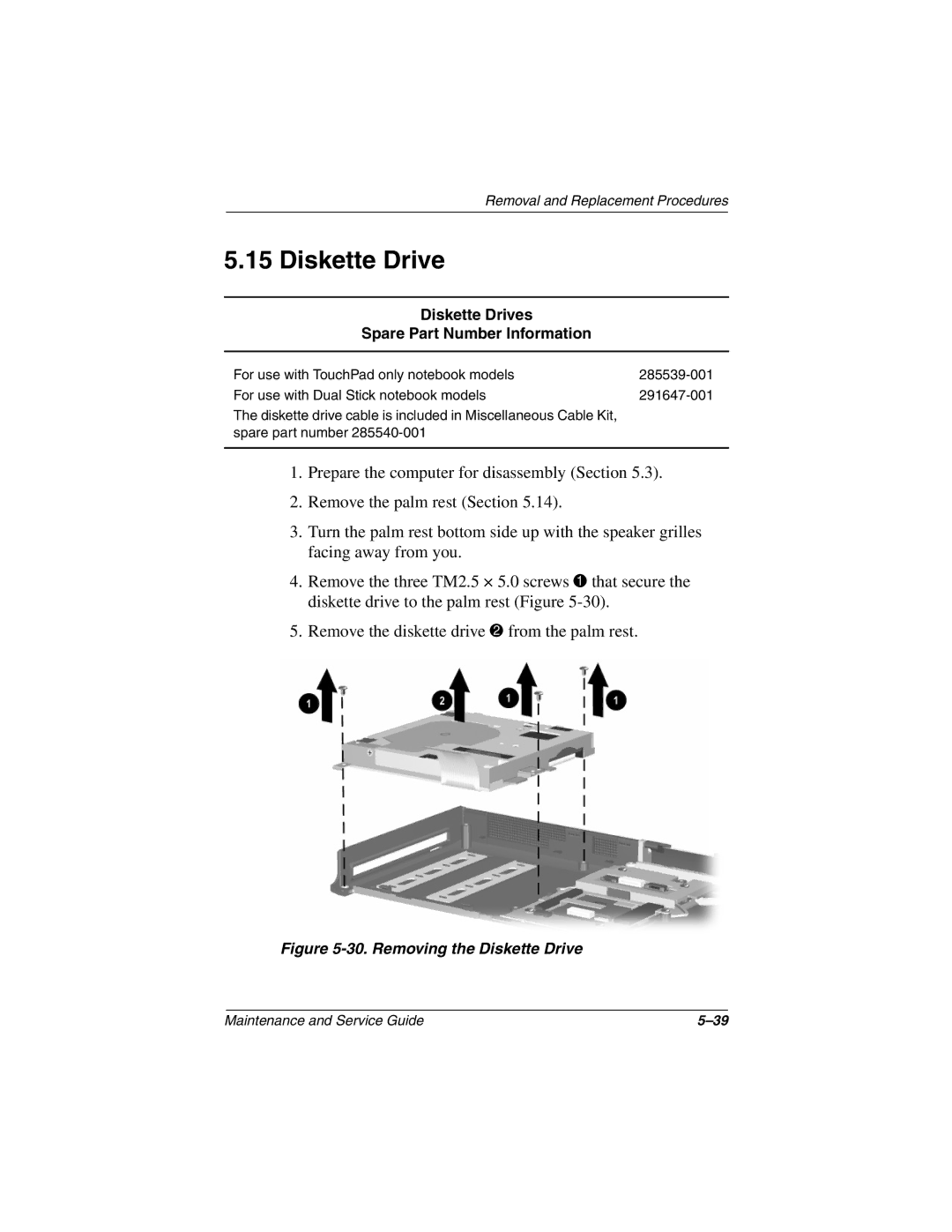 Compaq 1500, N1020V manual Diskette Drives Spare Part Number Information 