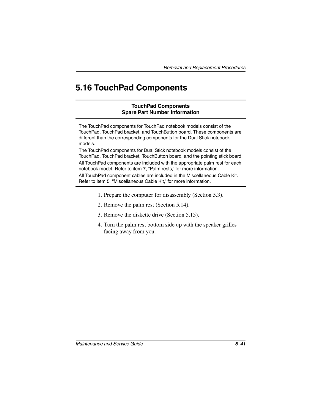 Compaq 1500, N1020V manual TouchPad Components Spare Part Number Information 