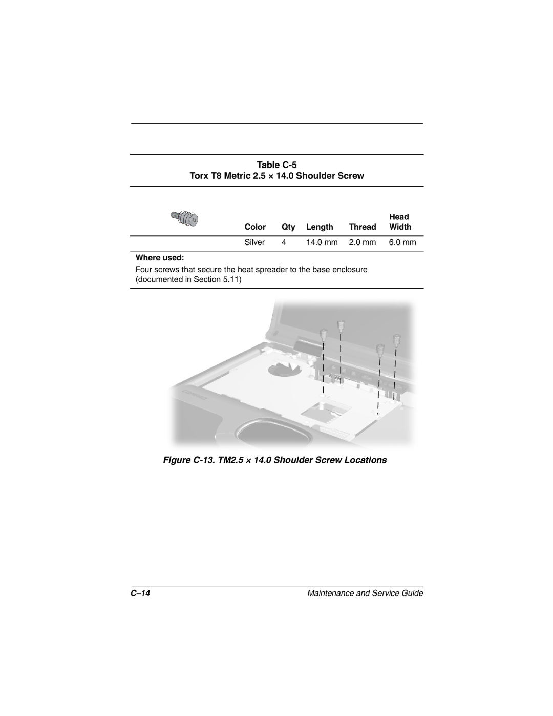Compaq N1020V Table C-5 Torx T8 Metric 2.5 × 14.0 Shoulder Screw, Color Qty Length Thread Width Silver 14.0 mm Where used 