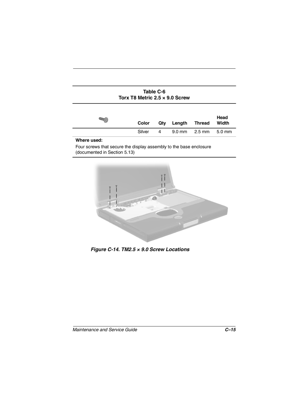 Compaq 1500, N1020V manual Table C-6 Torx T8 Metric 2.5 × 9.0 Screw, Figure C-14. TM2.5 × 9.0 Screw Locations 