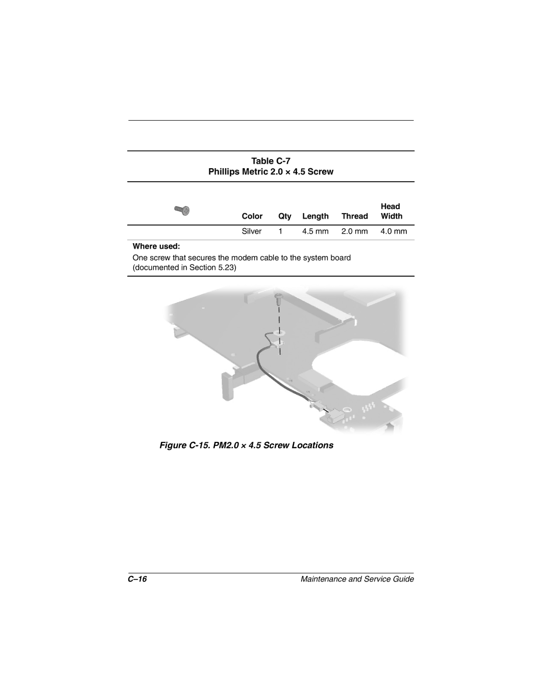 Compaq N1020V, 1500 manual Table C-7 Phillips Metric 2.0 × 4.5 Screw, Figure C-15. PM2.0 × 4.5 Screw Locations 