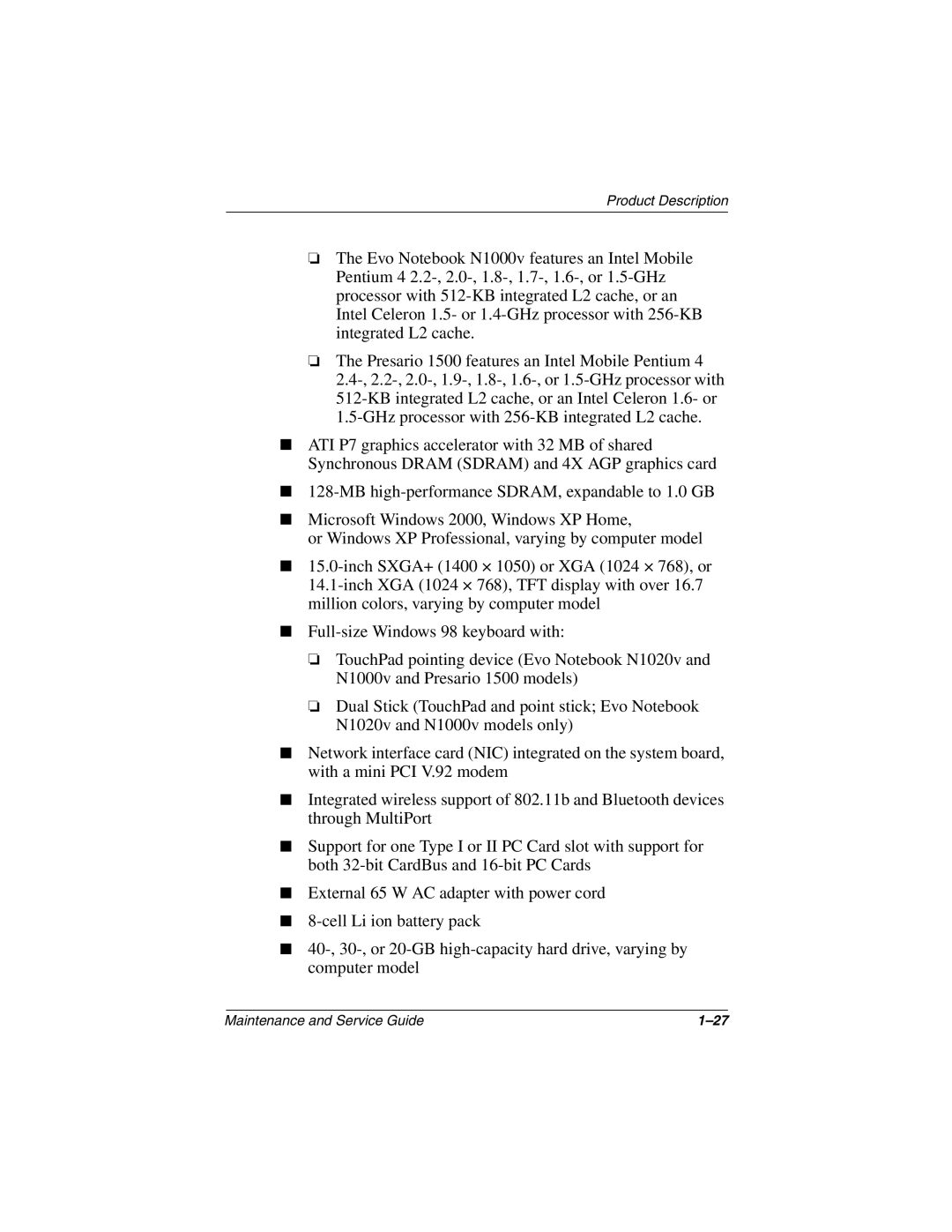 Compaq N1020V, 1500 manual Maintenance and Service Guide 