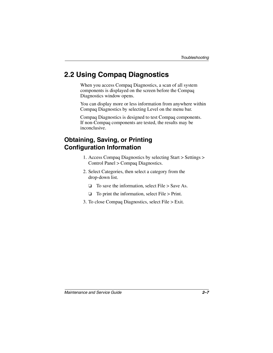 Compaq N1020V, 1500 manual Using Compaq Diagnostics, Obtaining, Saving, or Printing Configuration Information 