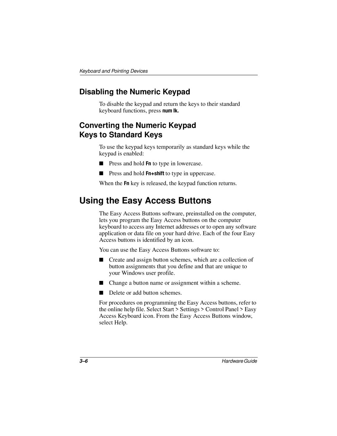 Compaq N150 Series manual Using the Easy Access Buttons, Disabling the Numeric Keypad 