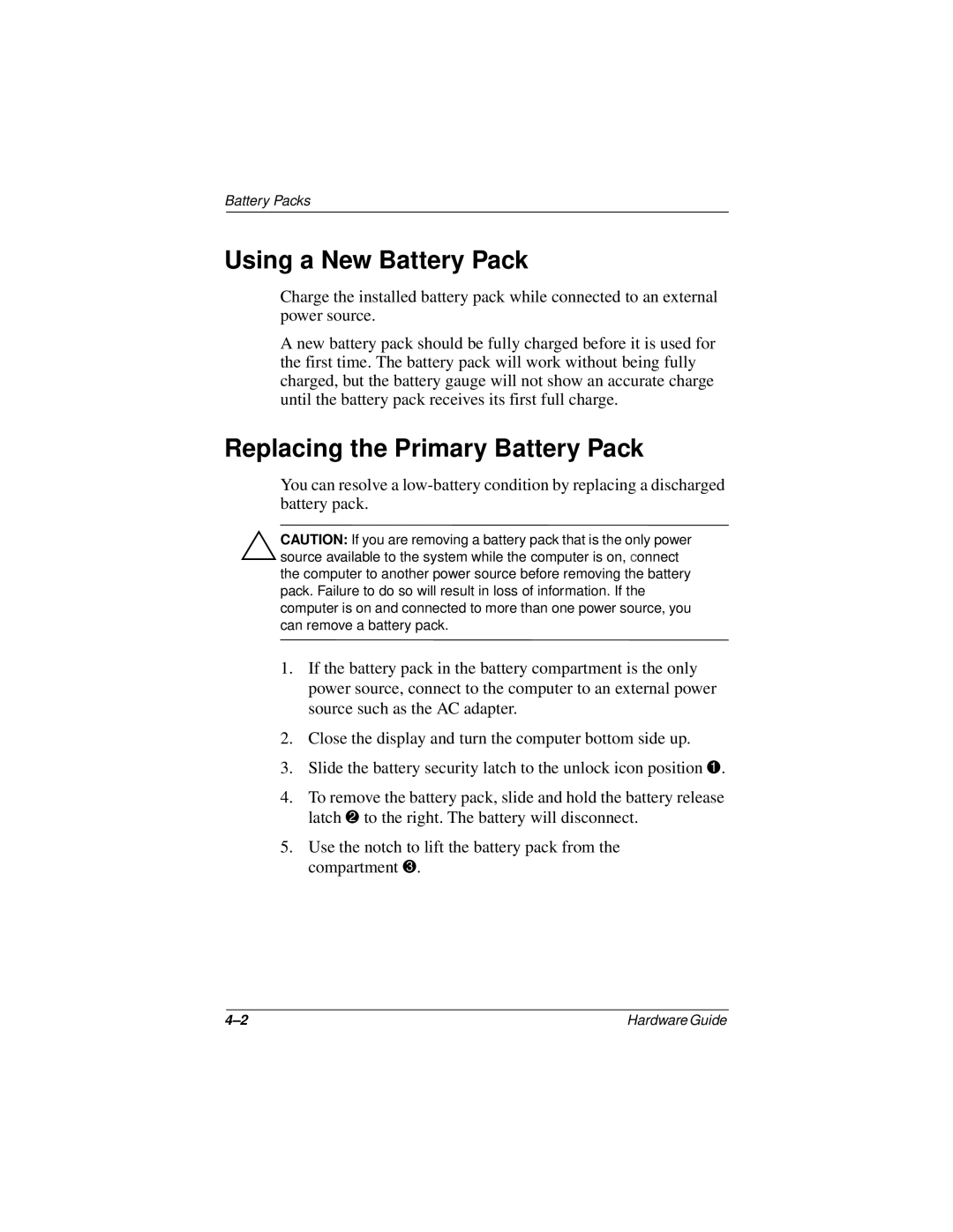 Compaq N150 Series manual Using a New Battery Pack, Replacing the Primary Battery Pack 