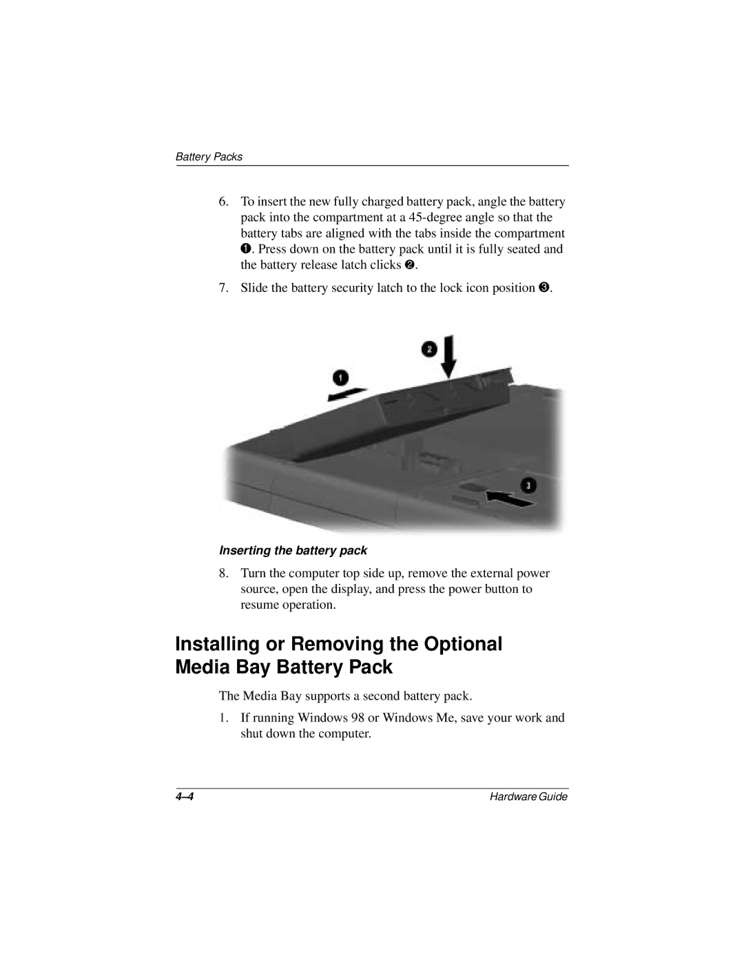 Compaq N150 Series manual Installing or Removing the Optional Media Bay Battery Pack 