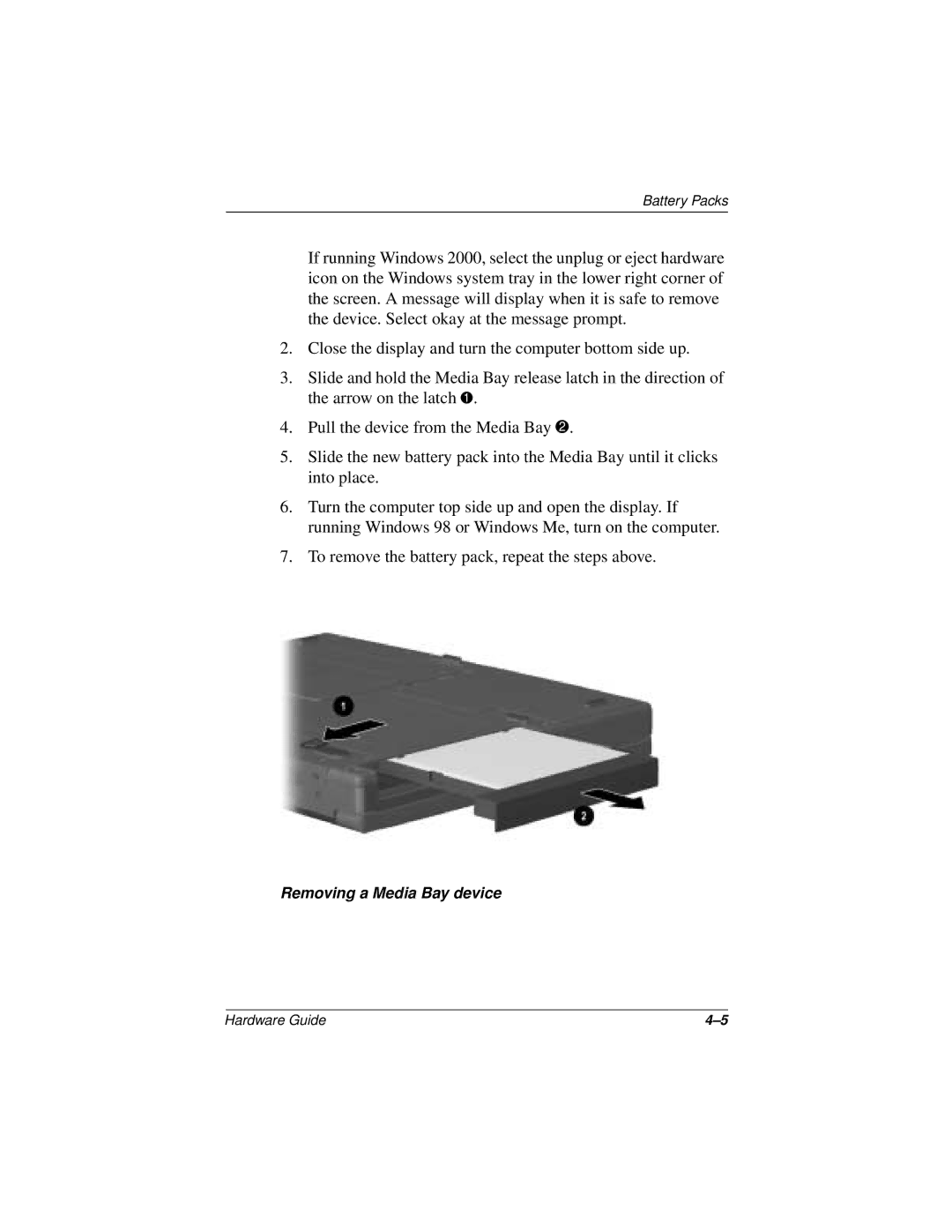 Compaq N150 Series manual Removing a Media Bay device 