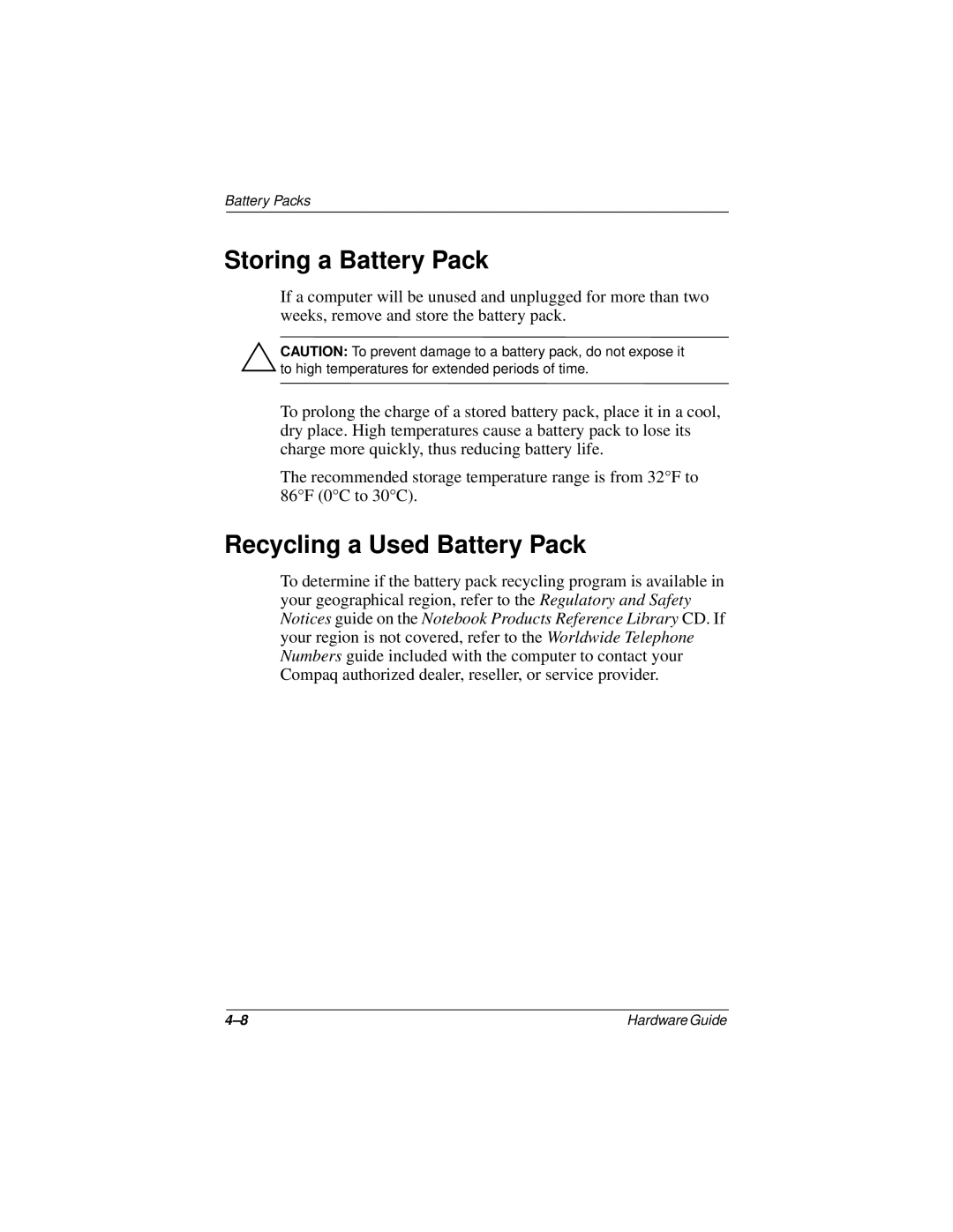 Compaq N150 Series manual Storing a Battery Pack, Recycling a Used Battery Pack 