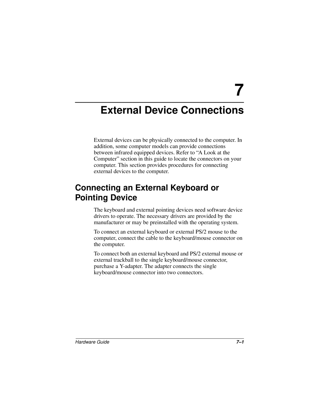 Compaq N150 Series manual External Device Connections, Connecting an External Keyboard or Pointing Device 