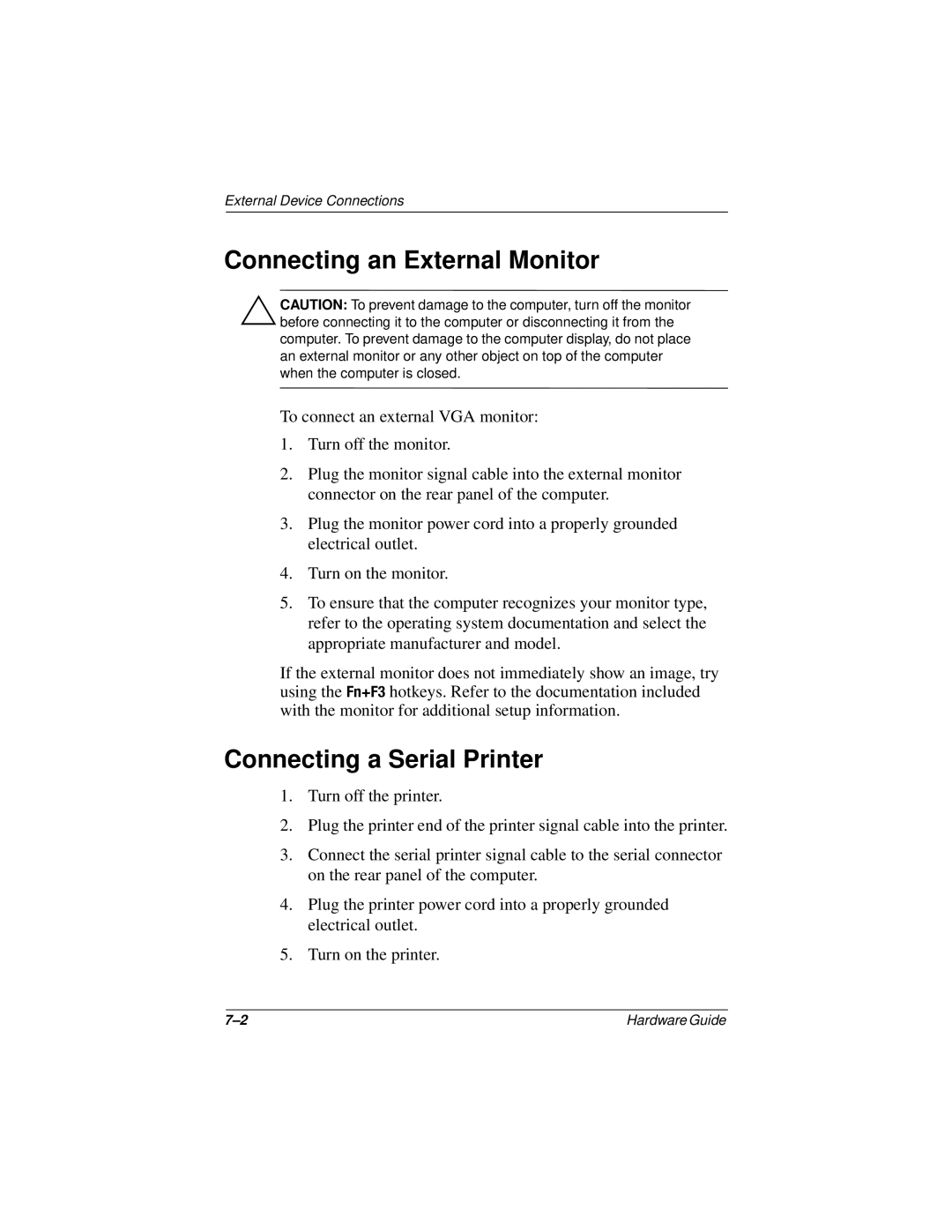 Compaq N150 Series manual Connecting an External Monitor, Connecting a Serial Printer 