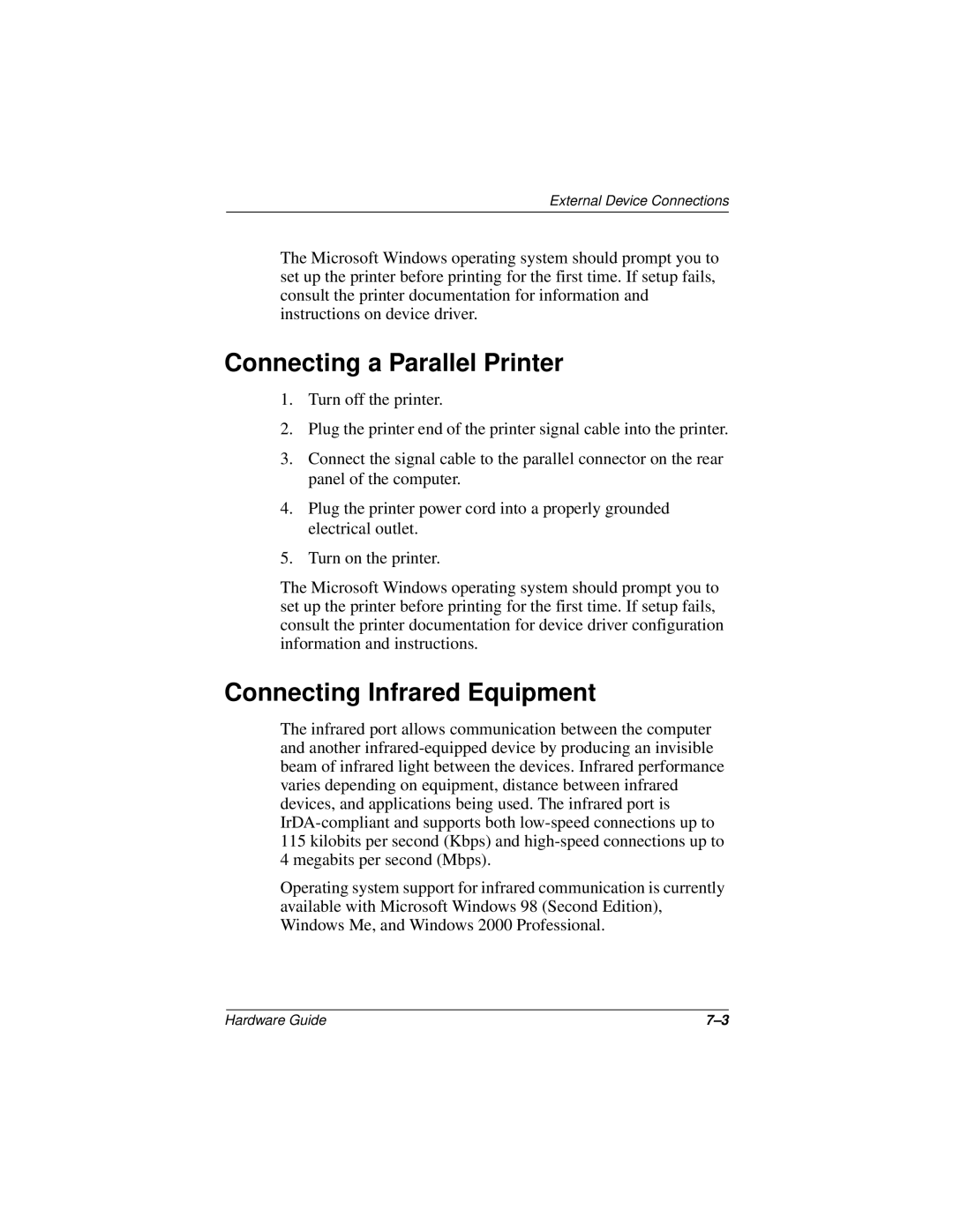 Compaq N150 Series manual Connecting a Parallel Printer, Connecting Infrared Equipment 