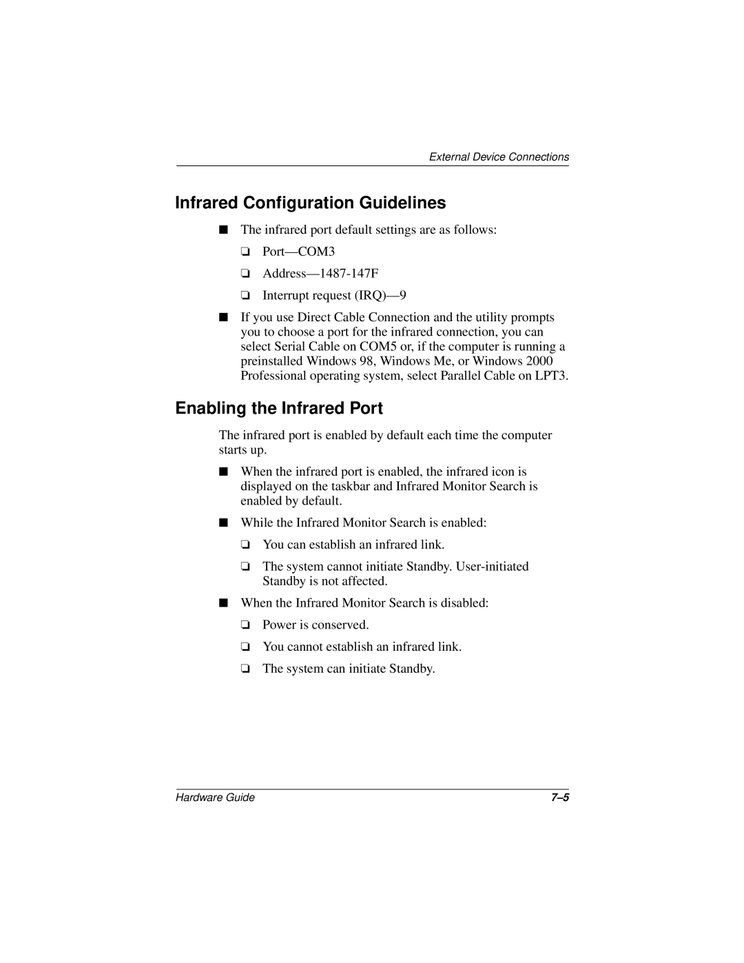 Compaq N150 Series manual Infrared Configuration Guidelines, Enabling the Infrared Port 