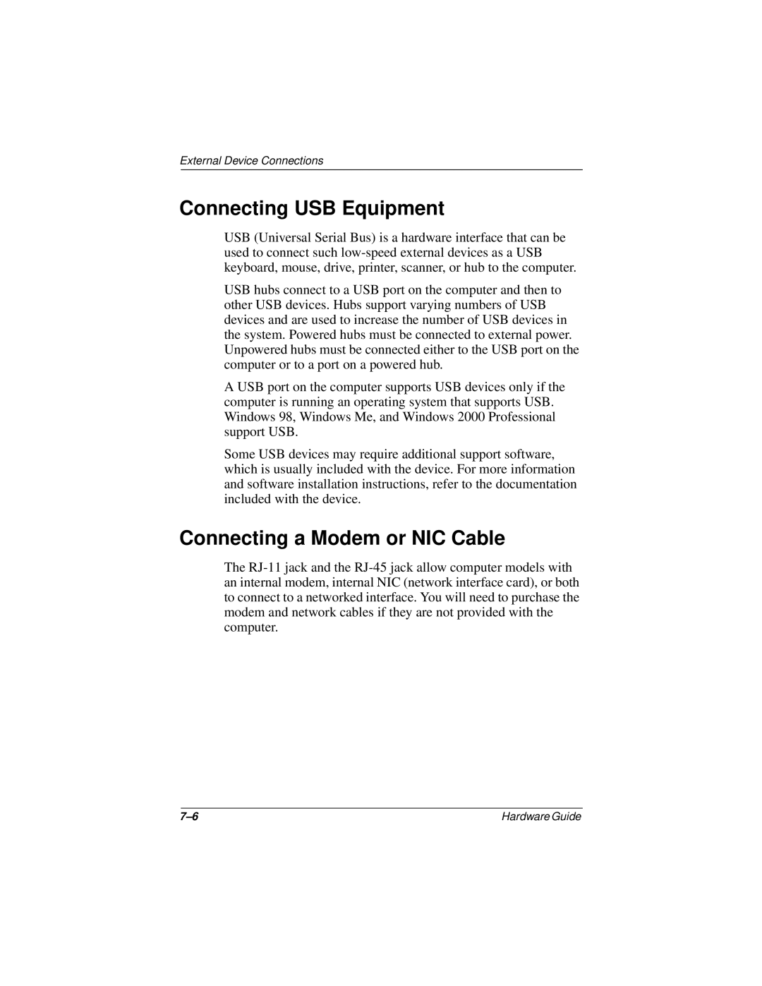 Compaq N150 Series manual Connecting USB Equipment, Connecting a Modem or NIC Cable 