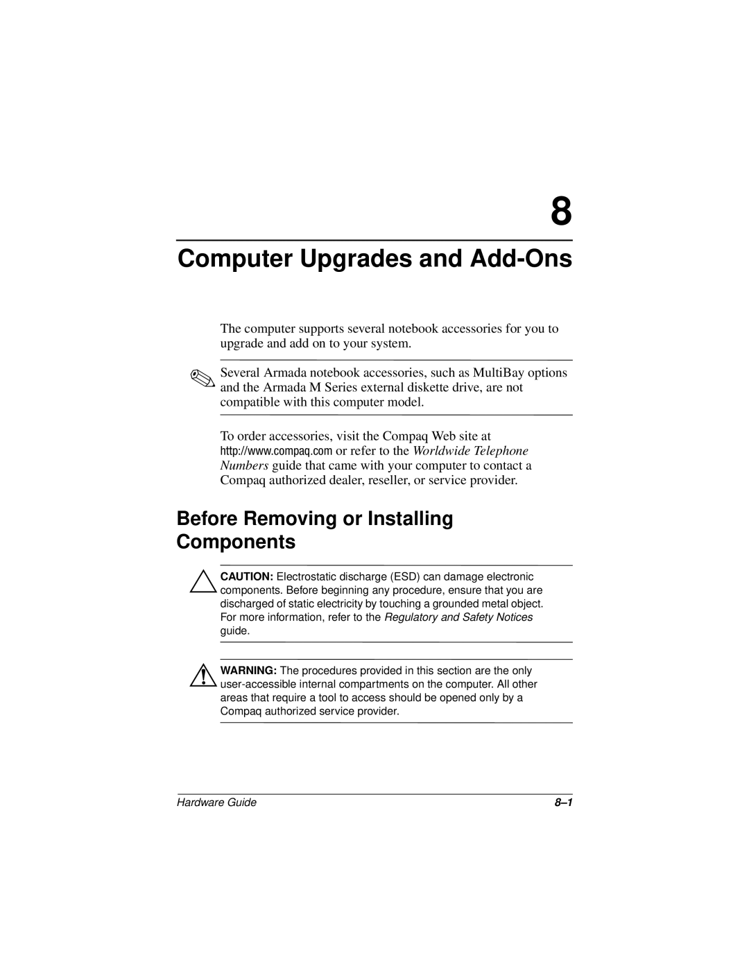 Compaq N150 Series manual Computer Upgrades and Add-Ons, Before Removing or Installing Components 