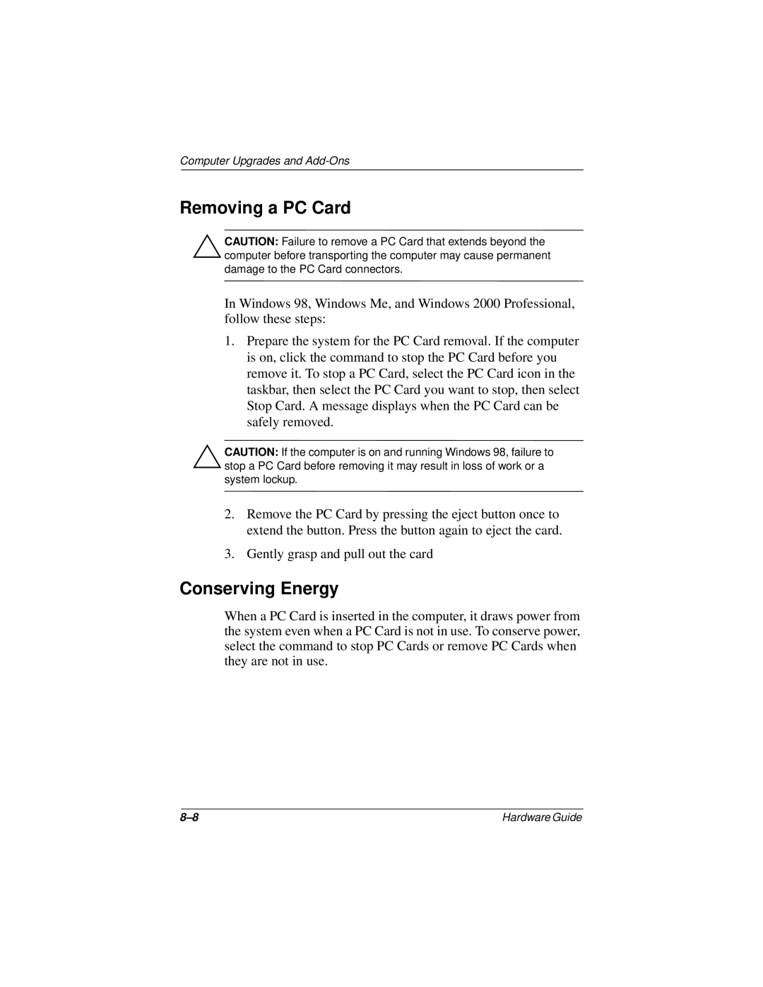 Compaq N150 Series manual Removing a PC Card, Conserving Energy 