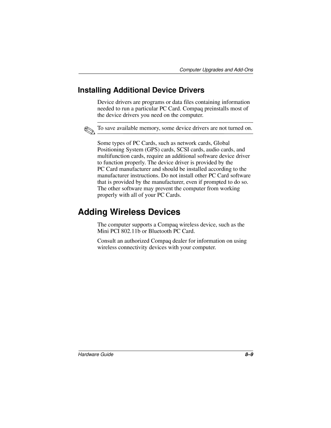 Compaq N150 Series manual Adding Wireless Devices, Installing Additional Device Drivers 