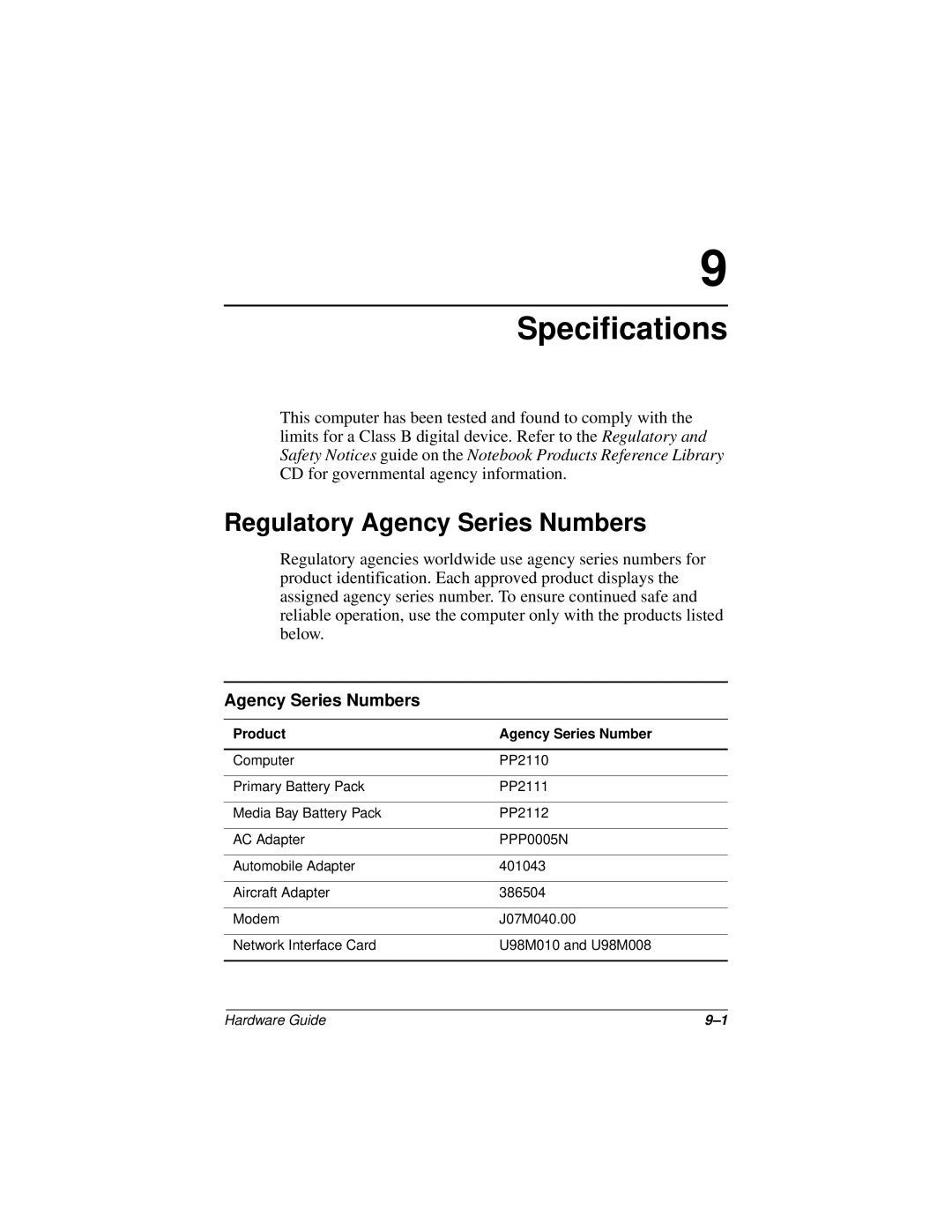 Compaq N150 Series manual Specifications, Regulatory Agency Series Numbers 