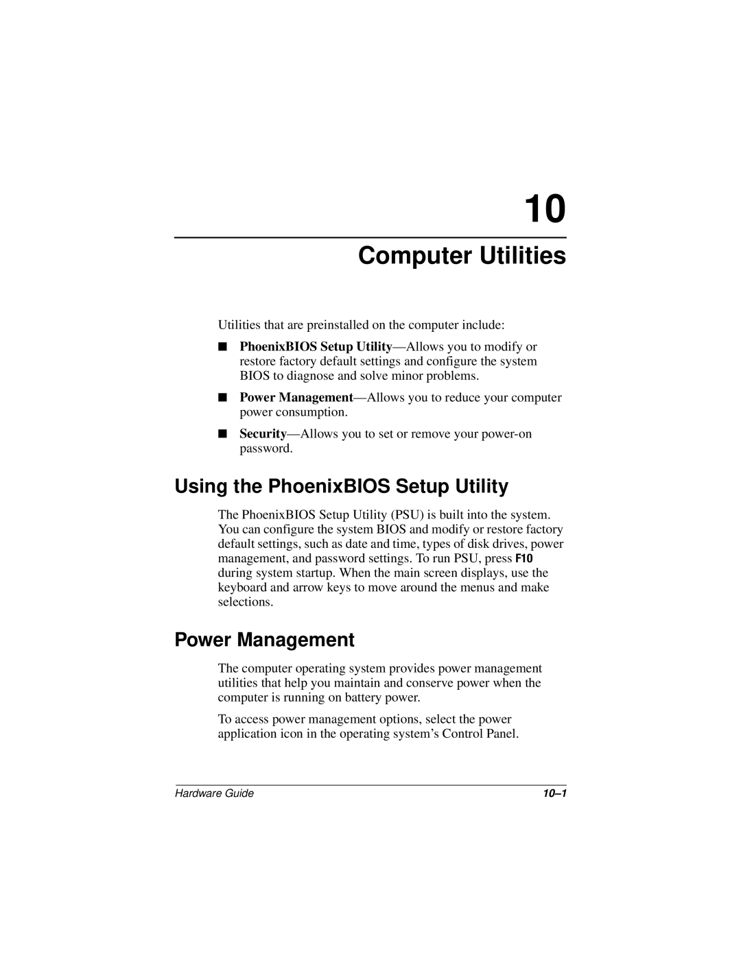 Compaq N150 Series manual Computer Utilities, Using the PhoenixBIOS Setup Utility, Power Management 