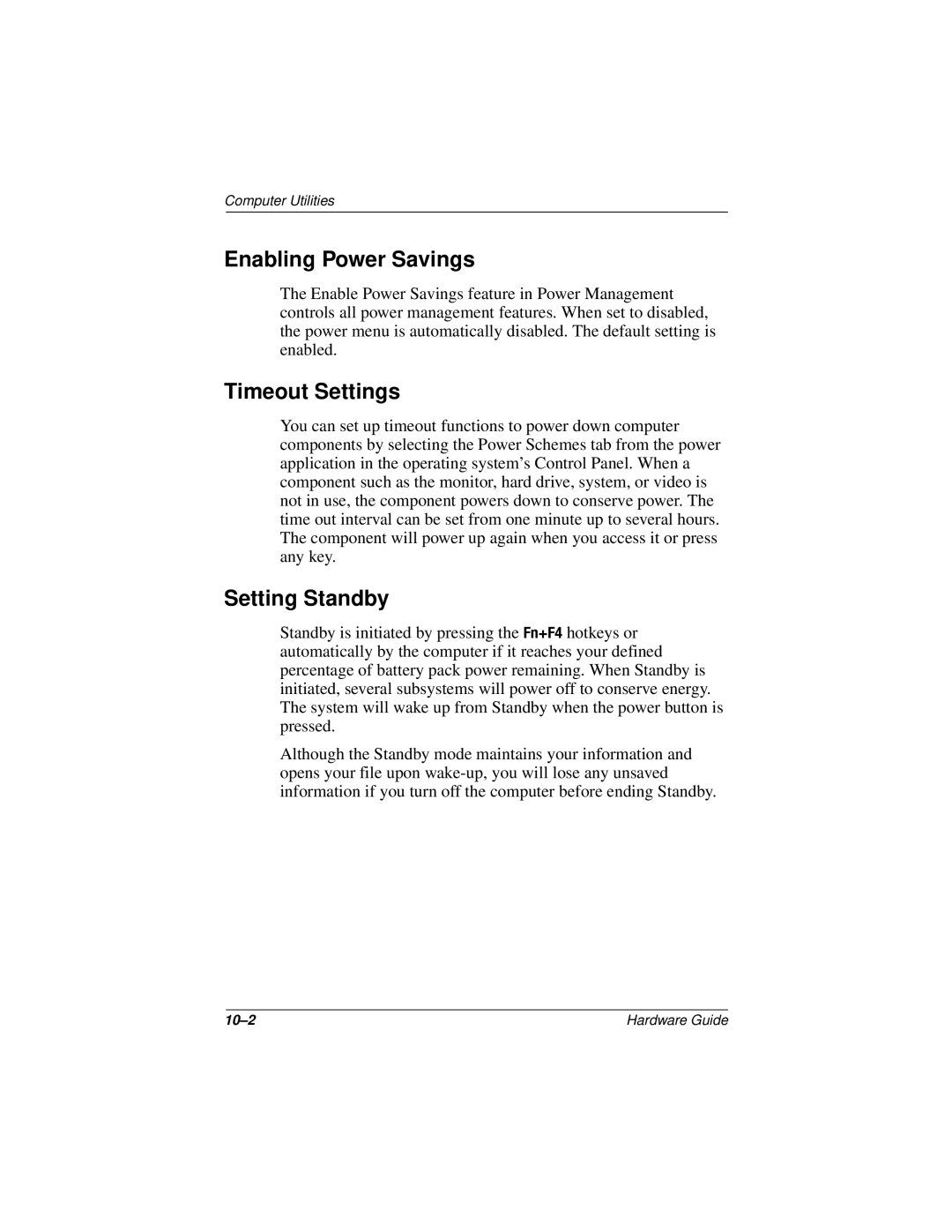 Compaq N150 Series manual Enabling Power Savings, Timeout Settings, Setting Standby 