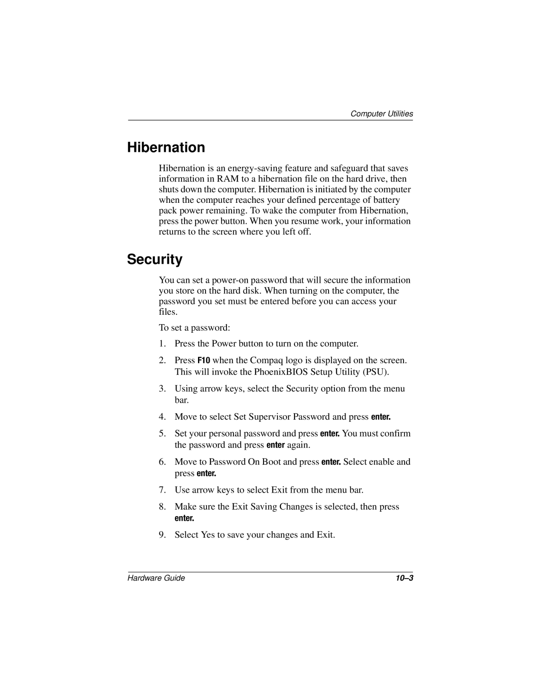 Compaq N150 Series manual Hibernation, Security 