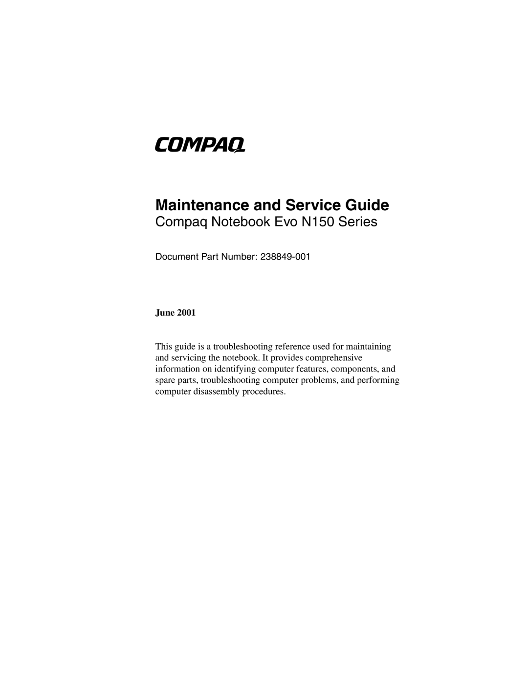 Compaq N150 manual Maintenance and Service Guide 