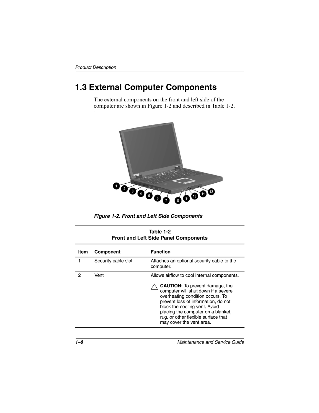 Compaq N150 manual External Computer Components, Front and Left Side Panel Components, Component Function 