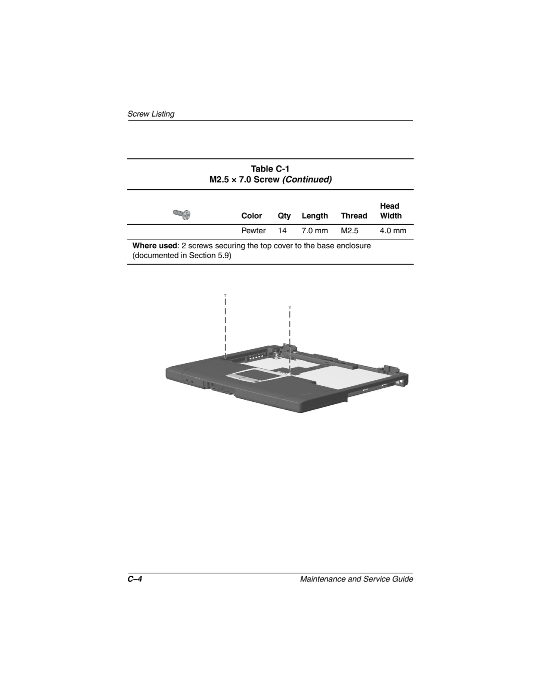 Compaq N150 manual Table C-1 M2.5 × 7.0 Screw 