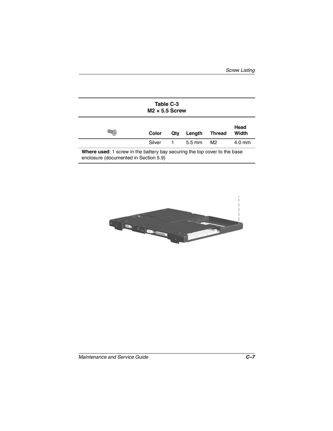 Compaq N150 manual Table C-3 M2 × 5.5 Screw, Color Qty Length Thread Width Silver 