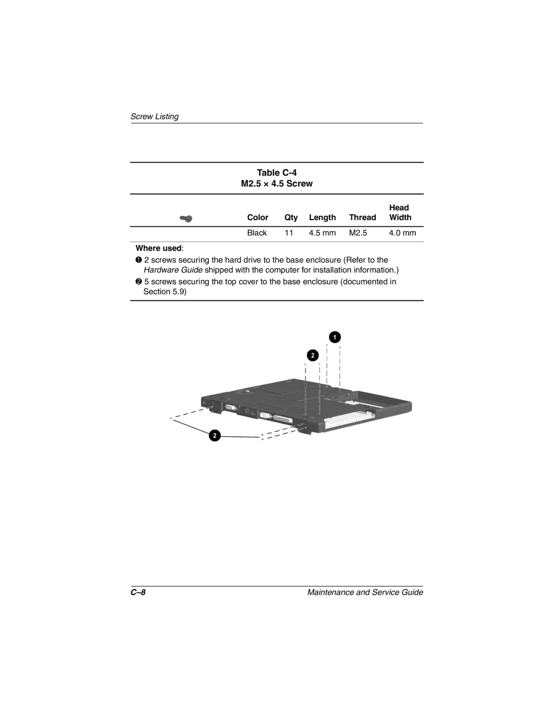 Compaq N150 manual Table C-4 M2.5 × 4.5 Screw, Color Qty Length Thread Width Black M2.5 Where used 