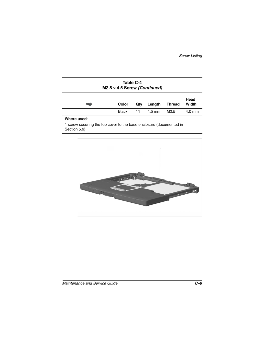 Compaq N150 manual Table C-4 M2.5 × 4.5 Screw 