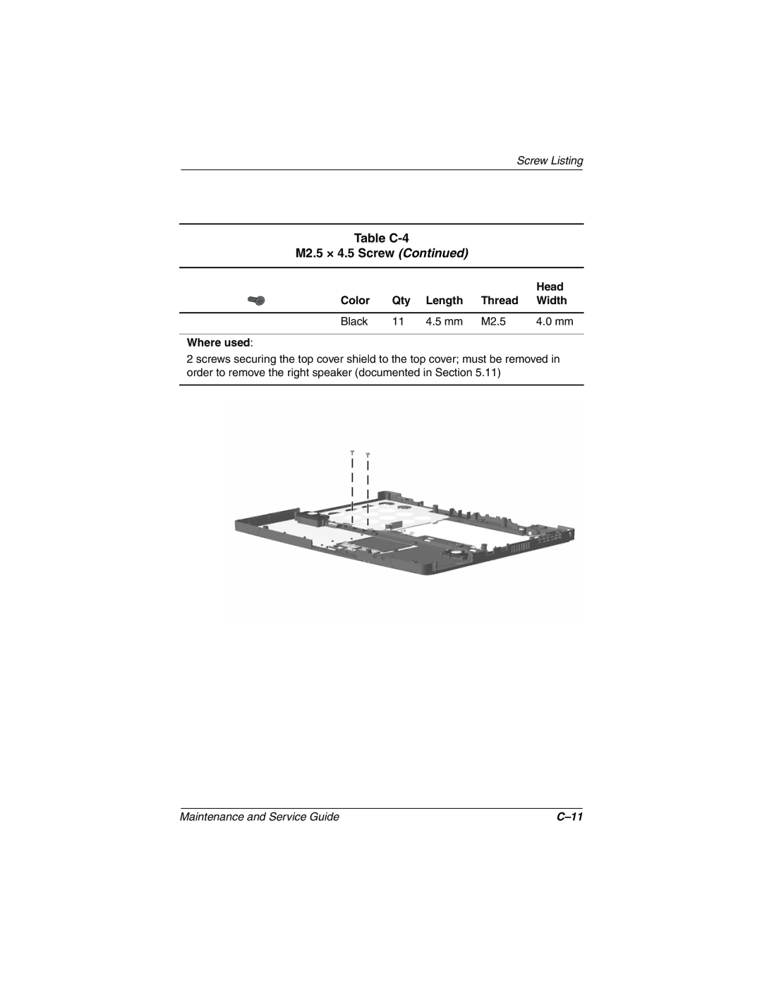 Compaq N150 manual Table C-4 M2.5 × 4.5 Screw 