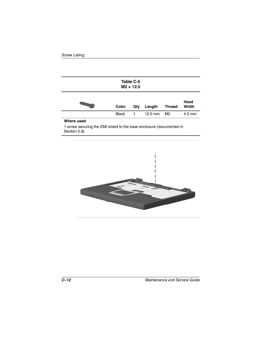 Compaq N150 manual Table C-5 M2 ×, Head Color Qty Length Thread Width 