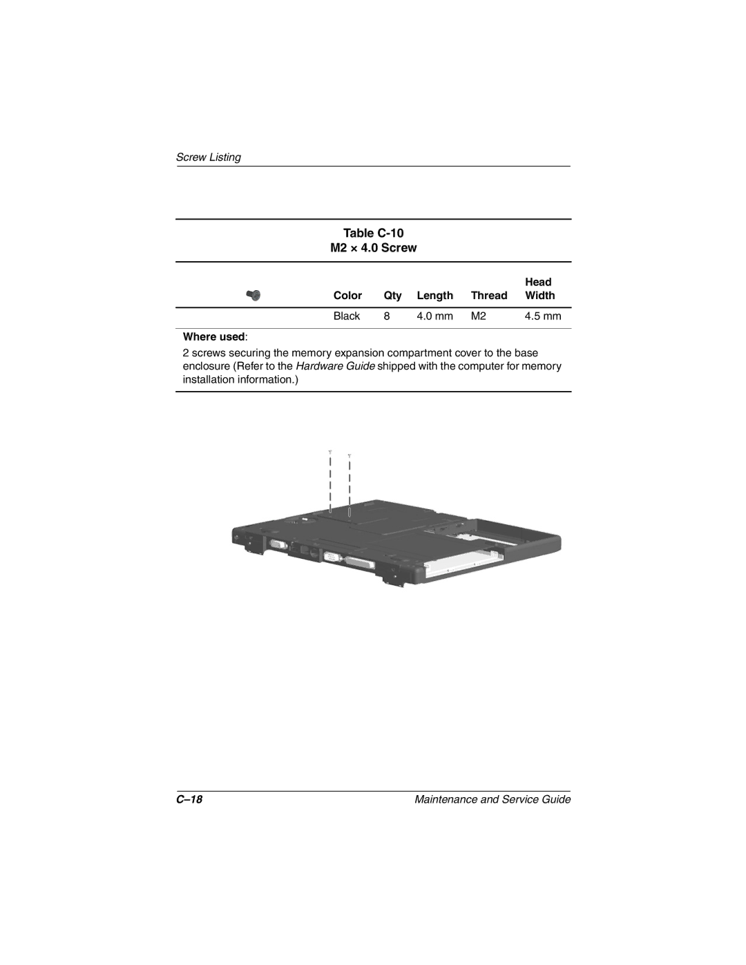 Compaq N150 manual Table C-10 M2 × 4.0 Screw, Head Color Qty Length Thread Width 