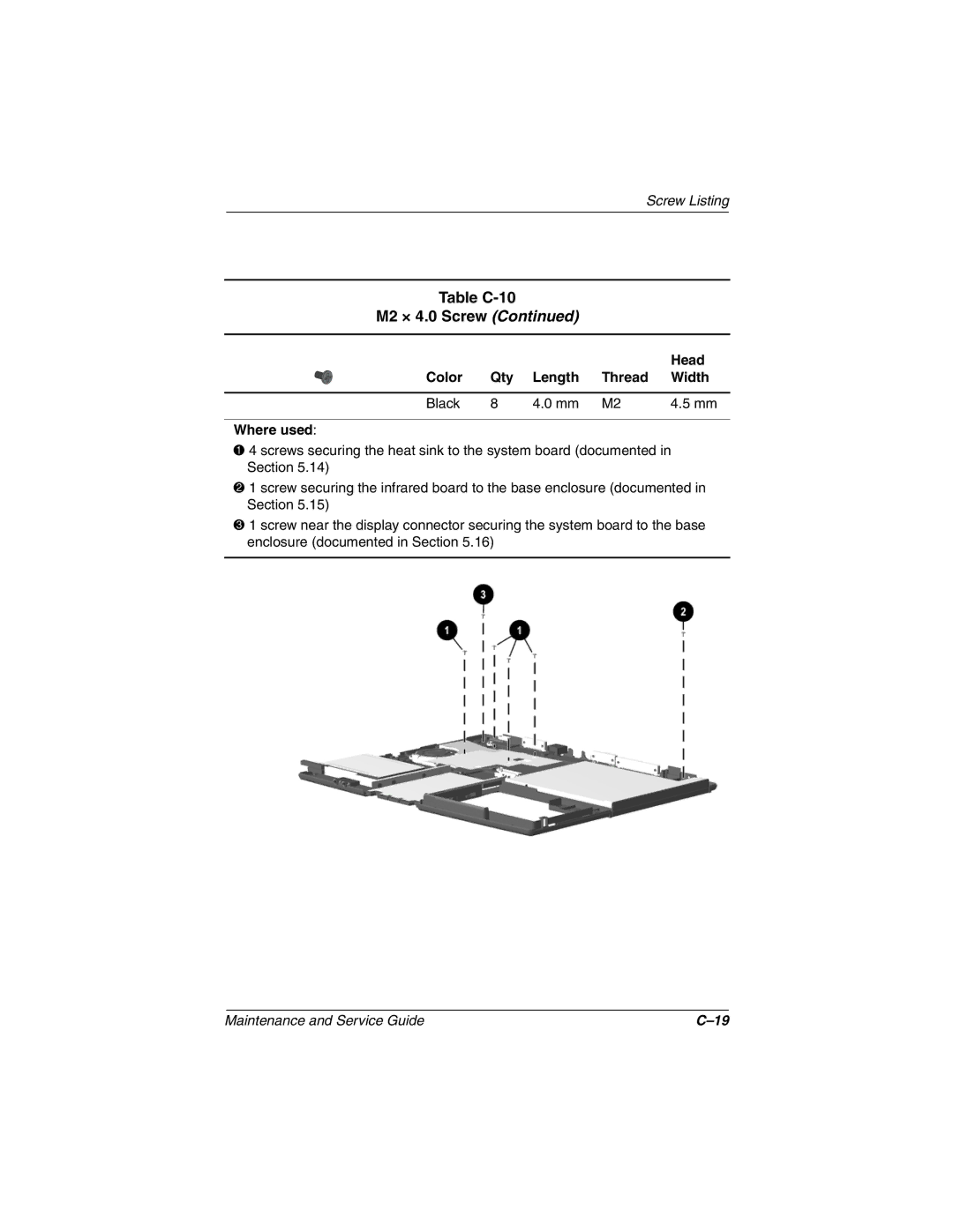 Compaq N150 manual Table C-10 M2 × 4.0 Screw 