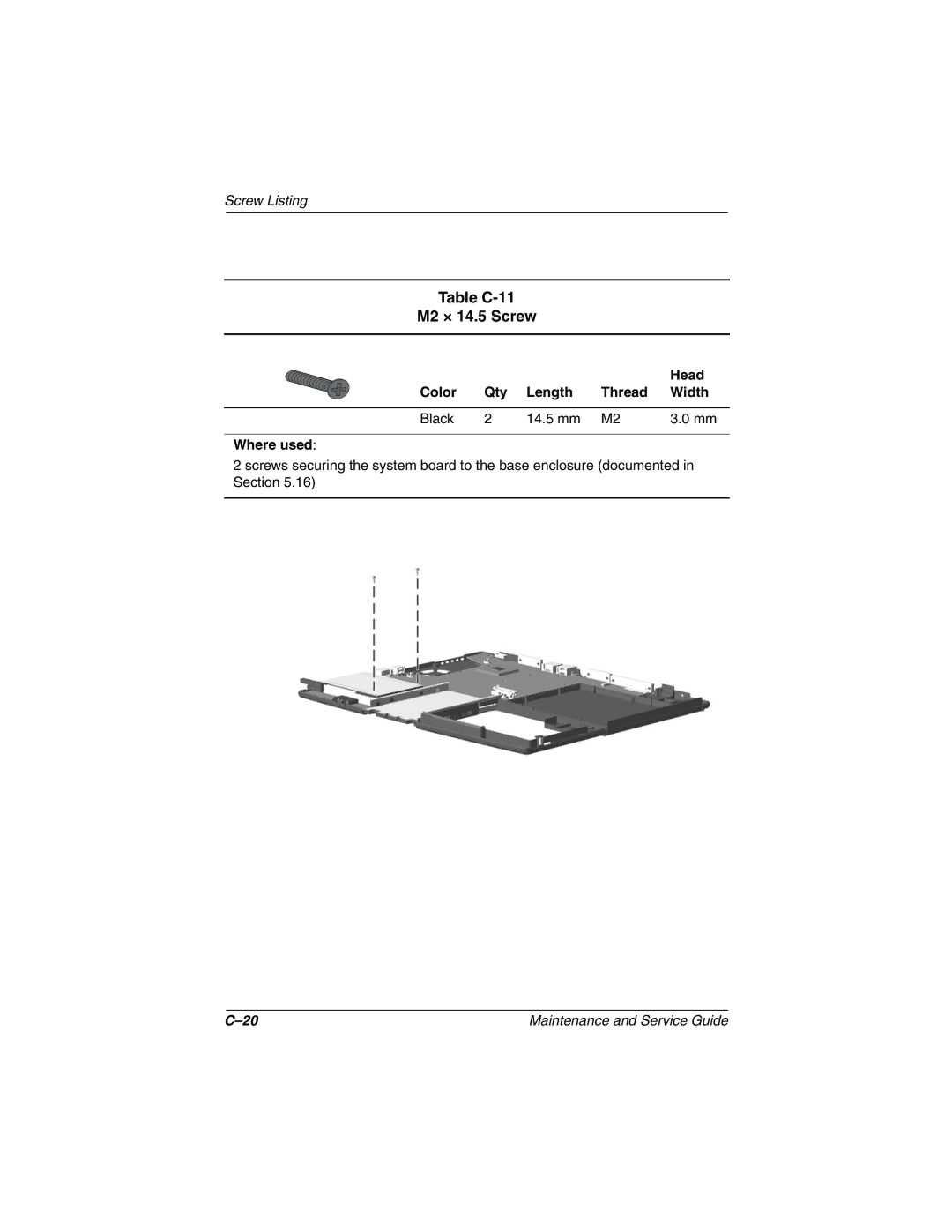 Compaq N150 manual Table C-11 M2 × 14.5 Screw 