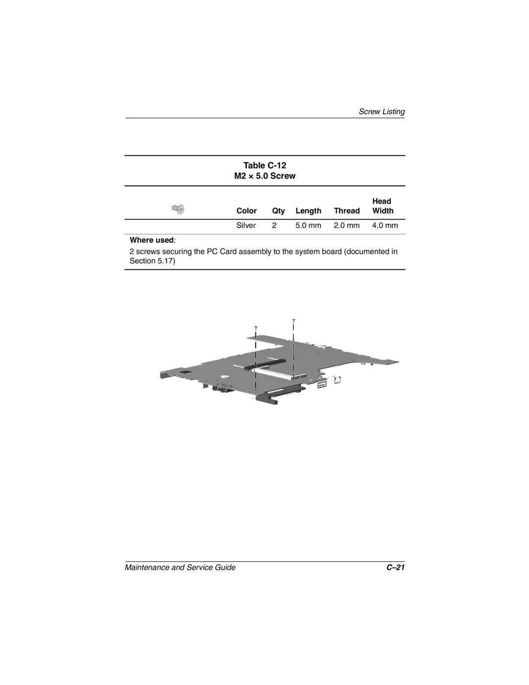 Compaq N150 manual Table C-12 M2 × 5.0 Screw 