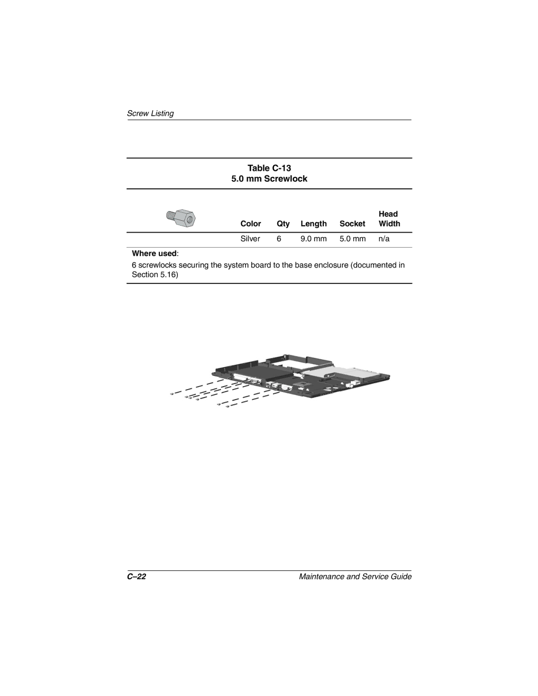 Compaq N150 manual Table C-13 Mm Screwlock, Head Color Qty Length Socket Width 