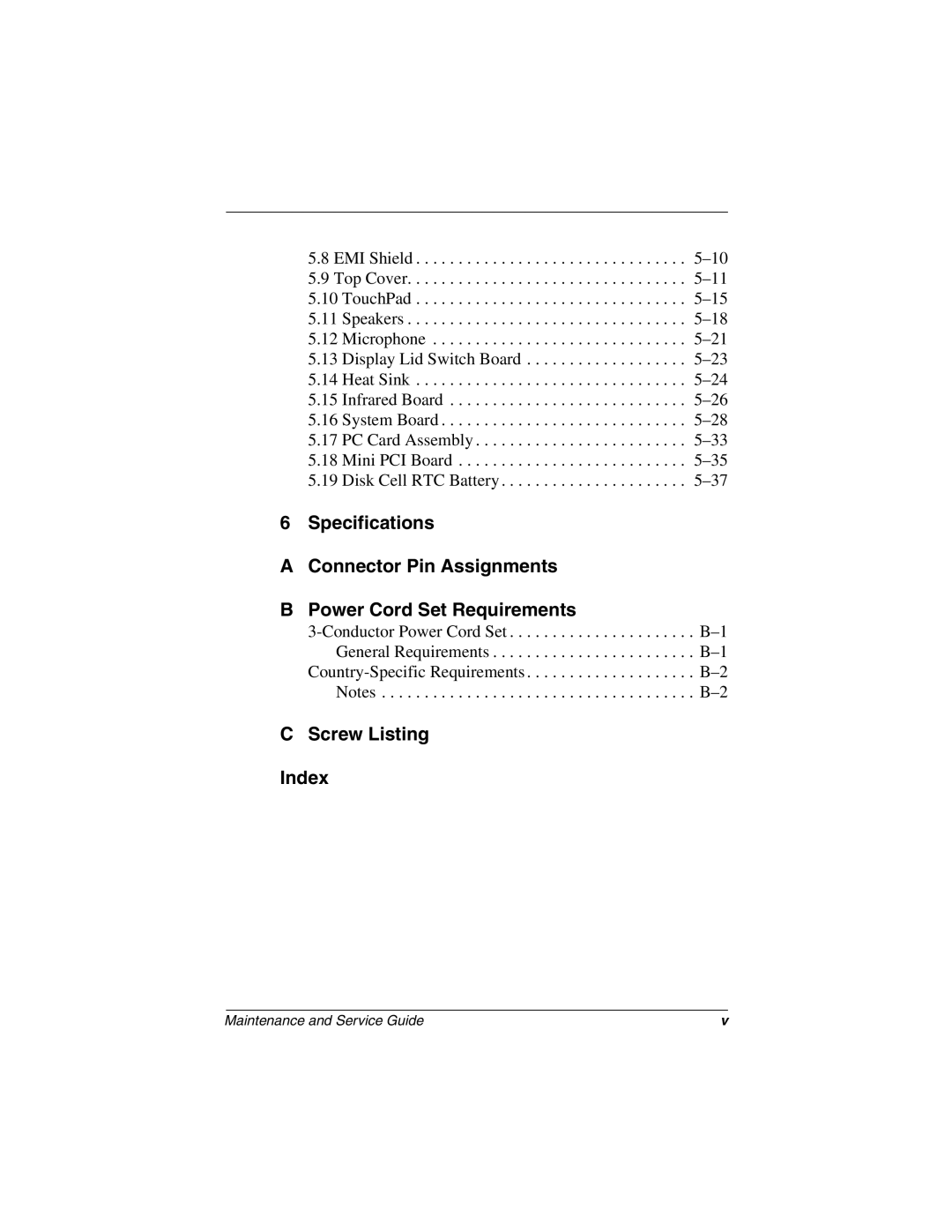 Compaq N150 manual Screw Listing Index 