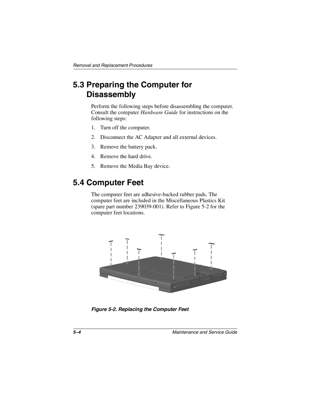 Compaq N150 manual Preparing the Computer for Disassembly, Computer Feet 