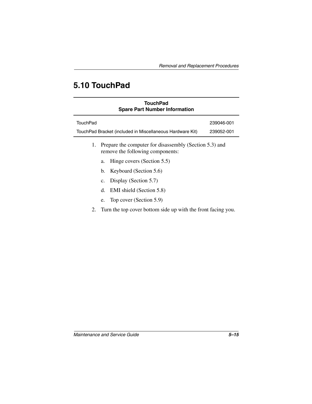 Compaq N150 manual TouchPad Spare Part Number Information 