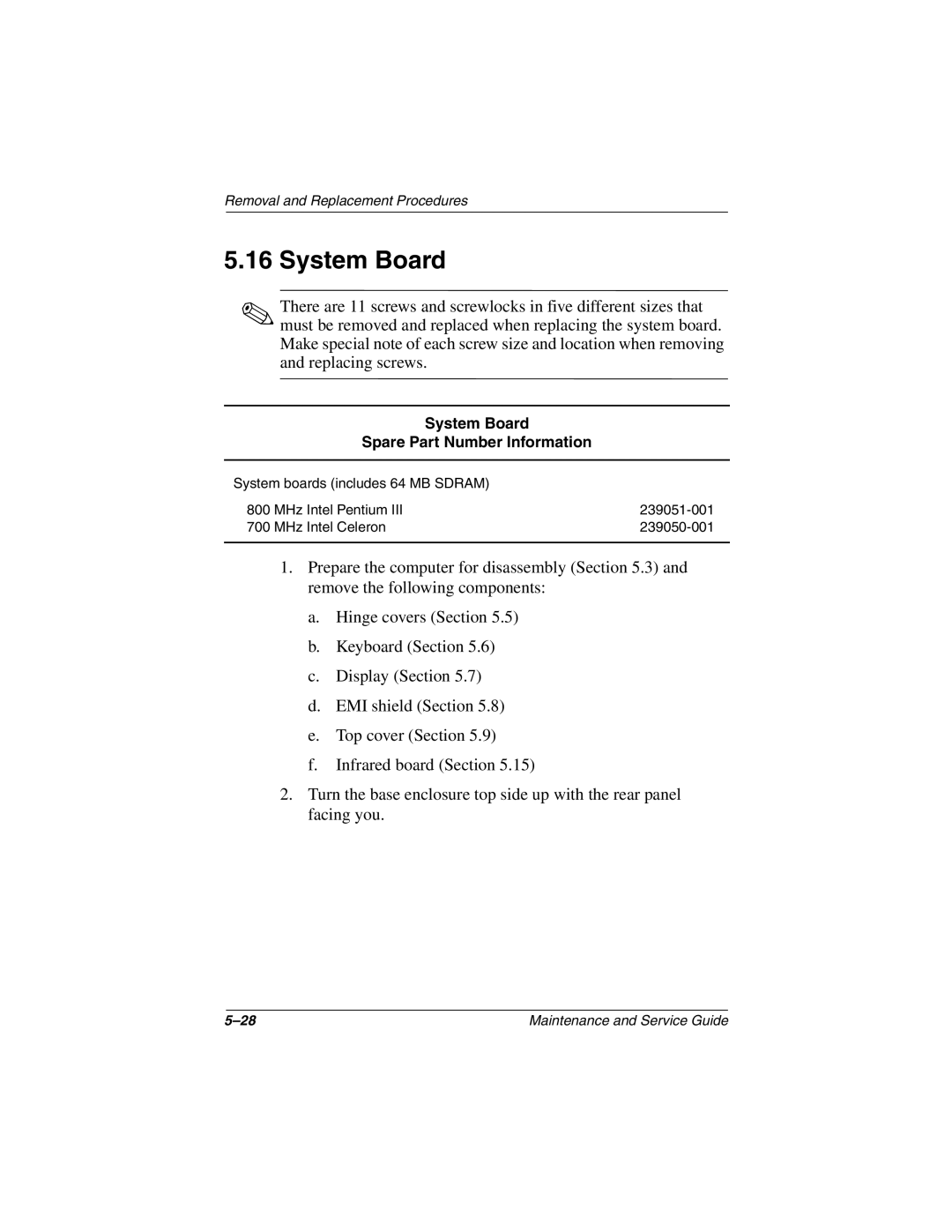 Compaq N150 manual System Board Spare Part Number Information 