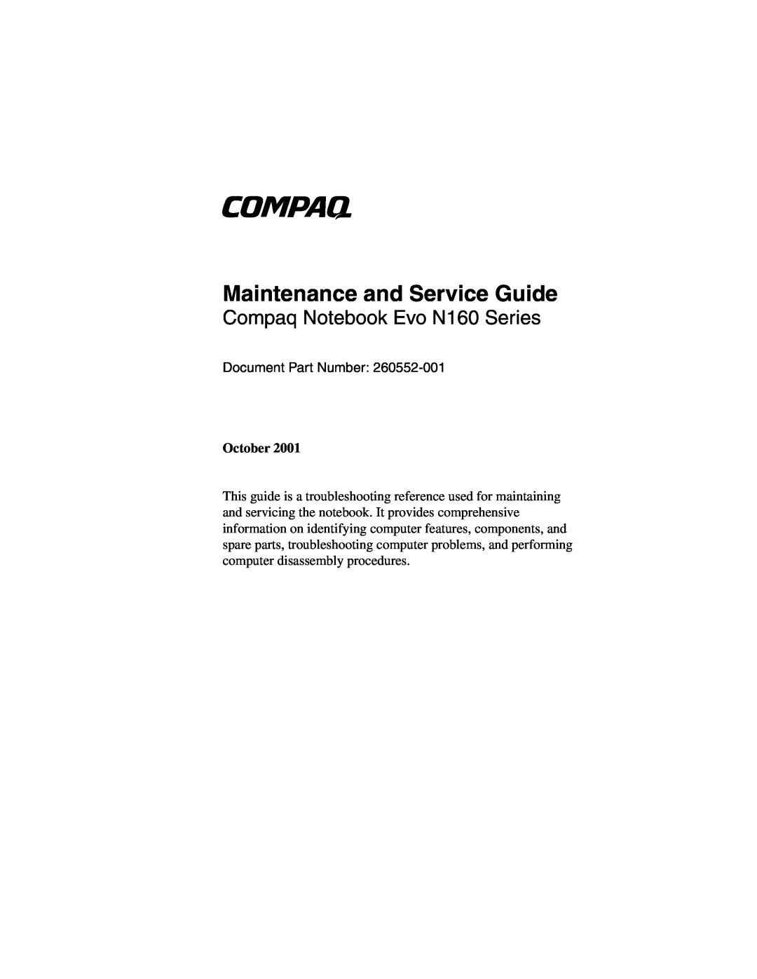 Compaq manual October, Maintenance and Service Guide, Compaq Notebook Evo N160 Series, Document Part Number 