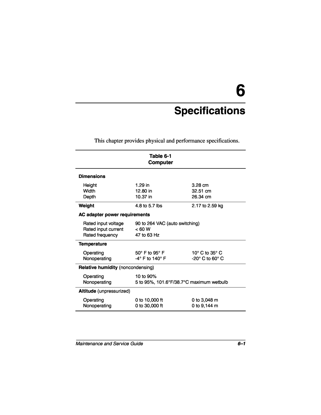 Compaq N160 manual Specifications, This chapter provides physical and performance specifications, Computer 