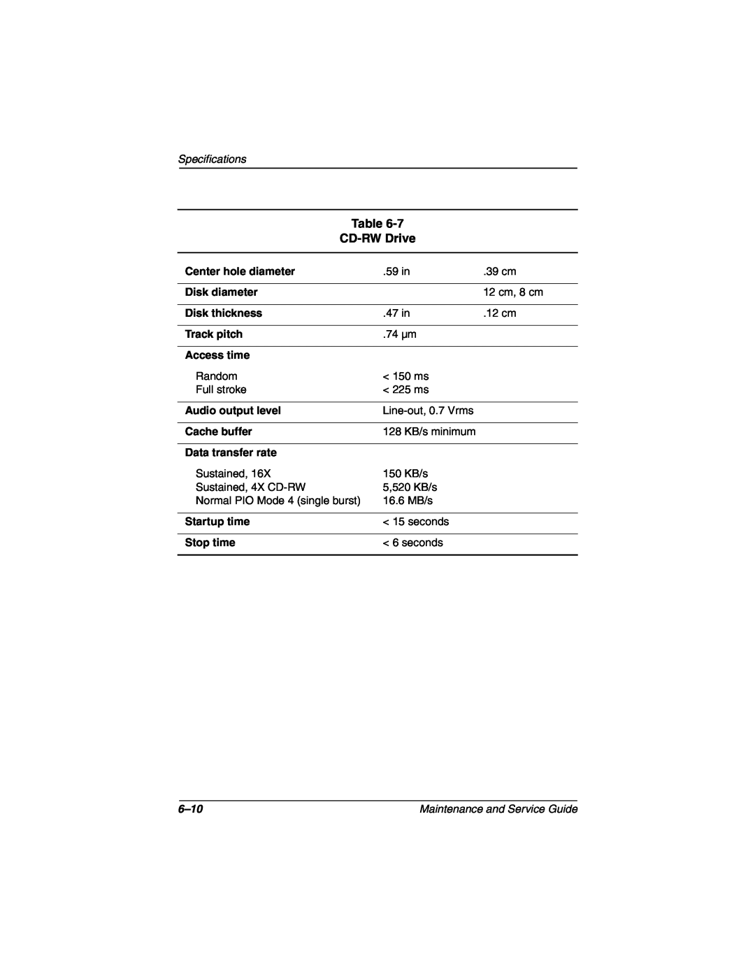 Compaq N160 manual CD-RW Drive, Specifications, 6-10 