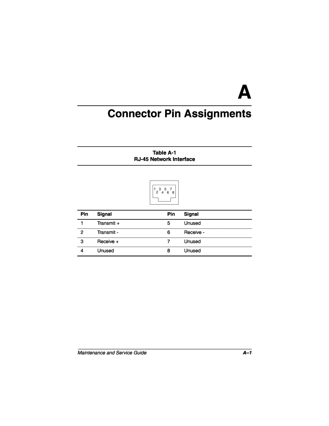 Compaq N160 manual Connector Pin Assignments, Table A-1 RJ-45 Network Interface, Maintenance and Service Guide 